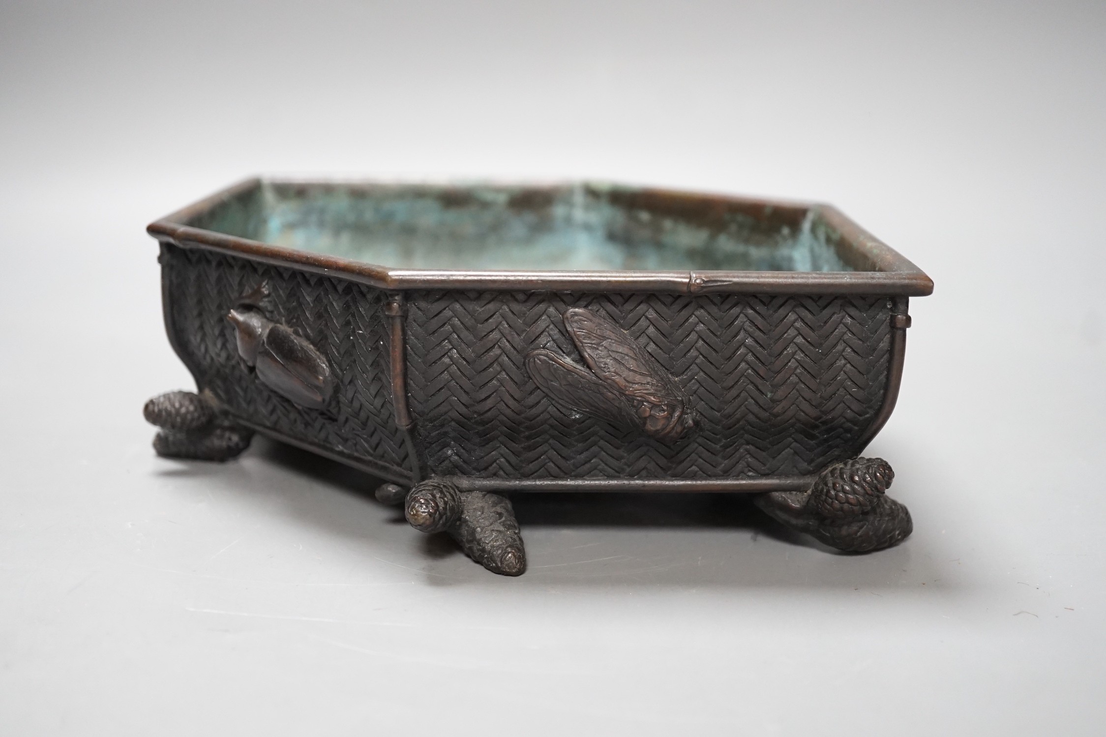 A Meiji period Japanese bronze hexagonal tray, signed to base. 29cm long